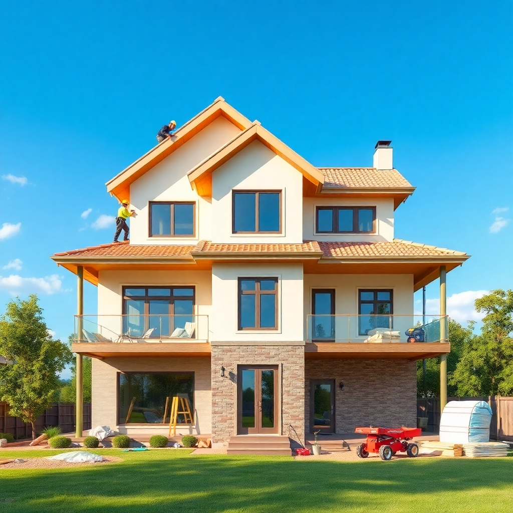 A beautiful, modern house under construction, with workers installing the roof and windows. The house is surrounded by lush greenery and blue skies. The overall style is warm and inviting, showcasing the potential for a comfortable and fulfilling home. Photorealistic, 4K resolution.