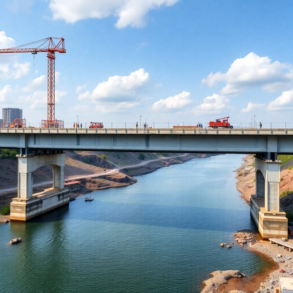 A bridge under construction, spanning a wide river. Workers are installing the support beams and concrete decking. The overall style is strong and reliable, showcasing the importance of infrastructure in connecting communities. Photorealistic, 4K resolution.