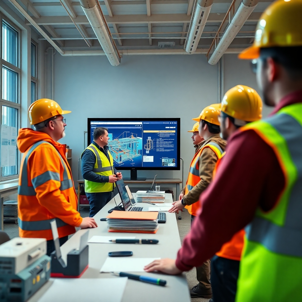 A construction site office with a project manager monitoring progress on a large screen. Workers are collaborating and communicating effectively, with a focus on safety and efficiency. The overall atmosphere is organized and professional. The color palette is bright and energetic, reflecting the fast-paced nature of the work. Photorealistic, 4K resolution.