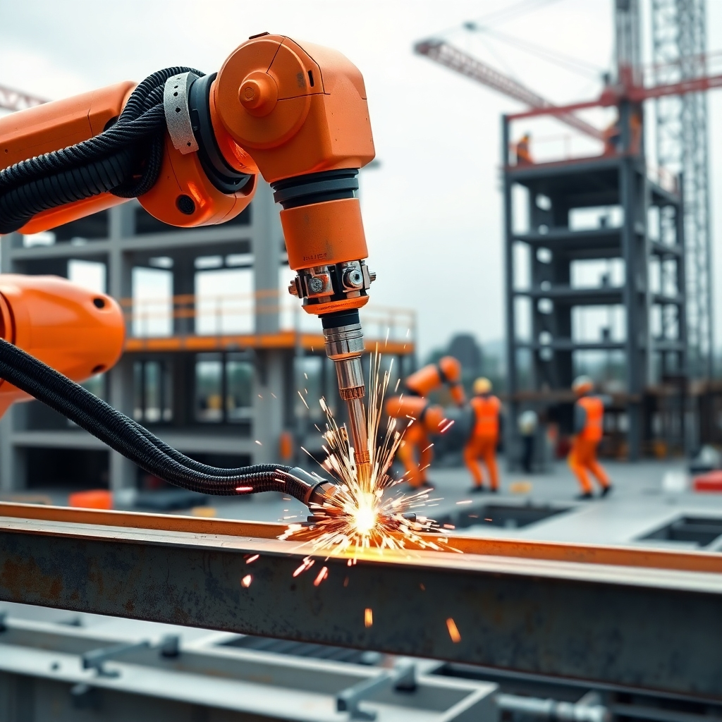 A detailed close-up of a robotic arm precisely welding steel beams on a construction site. Sparks fly as the robot seamlessly executes the task. The background features a partially constructed building, with other robots and workers collaborating. The color palette is industrial grays and oranges, highlighting the precision and power of the technology. Photorealistic, 4K resolution.