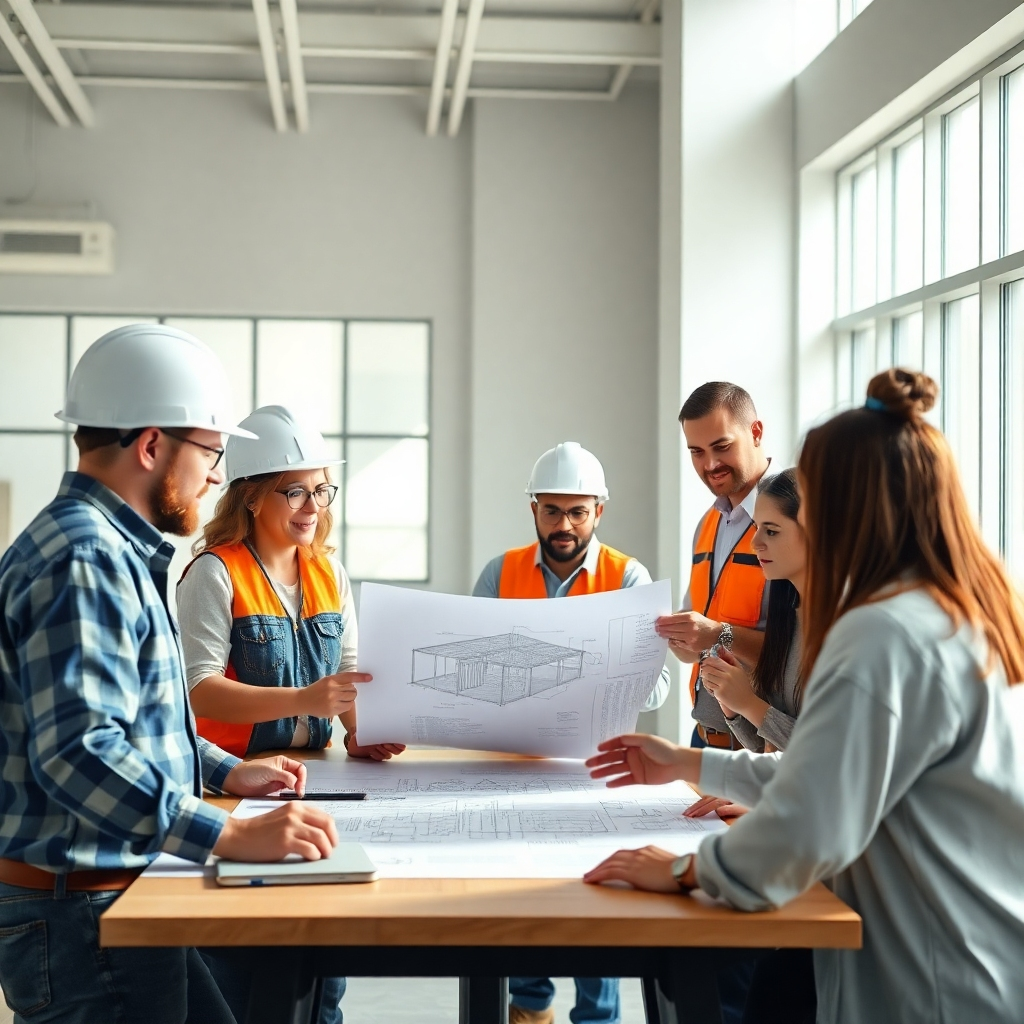 A diverse group of construction workers and architects collaborating around a table, reviewing blueprints and discussing project details. Natural light fills the space, creating a collaborative and welcoming environment. Focus on teamwork and problem-solving. 4K resolution, photorealistic.