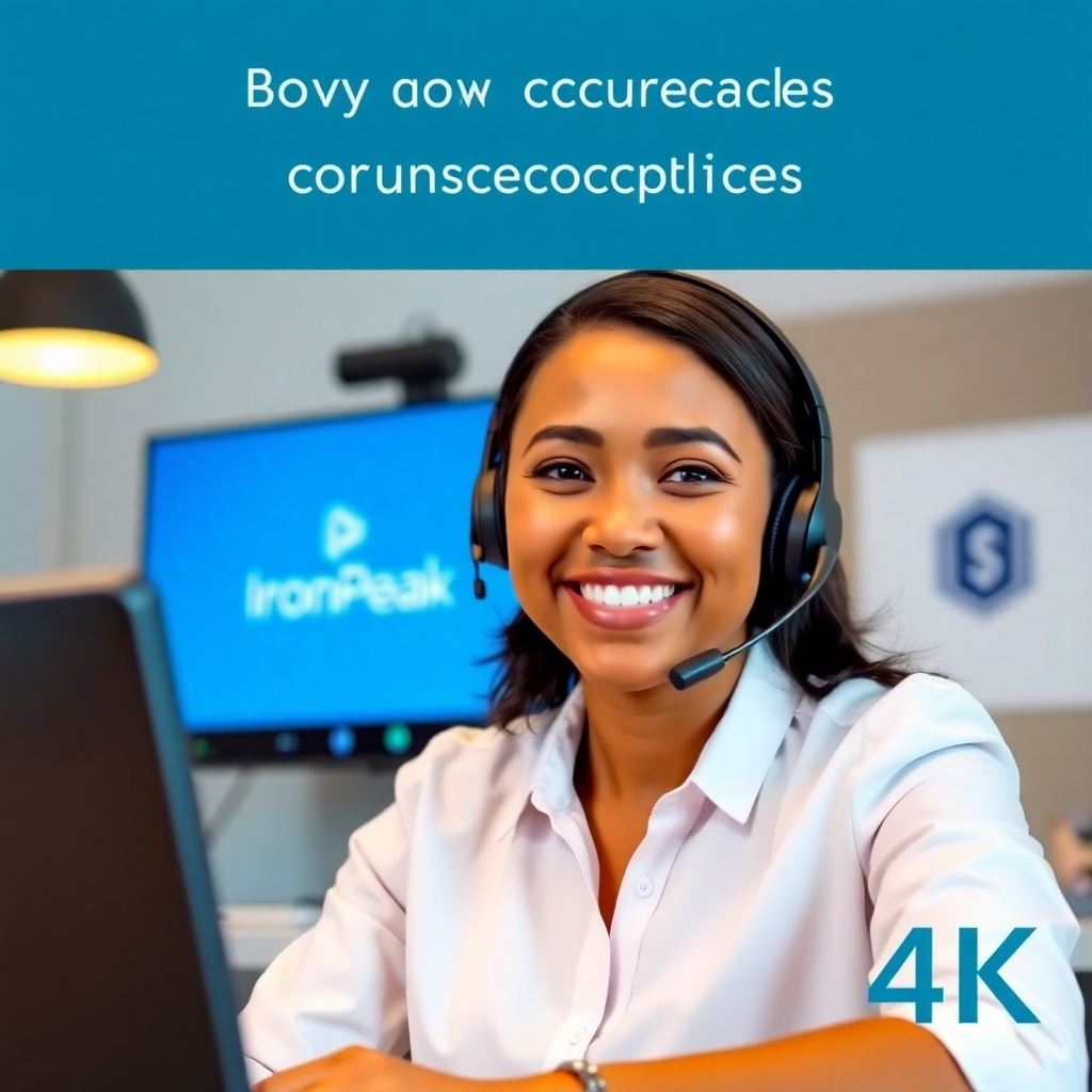 A friendly customer service representative on a video call, smiling and ready to assist with inquiries. The background shows the IronPeak logo and branding. The color palette is inviting and professional, encouraging connection. Photorealistic, 4K resolution.