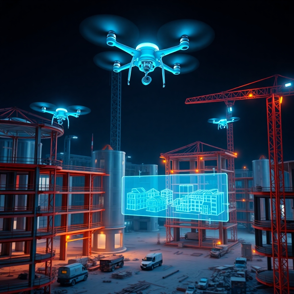 A futuristic construction site at night, illuminated by drones performing surveying and material delivery. Buildings are partially constructed with holographic projections displaying architectural plans. The color palette is dominated by cool blues and greens, with accents of vibrant orange and yellow. The overall style is sleek and modern, showcasing the integration of technology in construction. Photorealistic, 4K resolution.