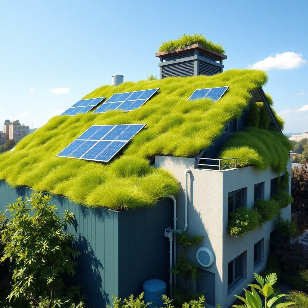 A lush green roof on a modern building, with solar panels seamlessly integrated into the design. Rainwater harvesting systems are visible, and the building is surrounded by thriving vegetation. The color palette is primarily greens and blues, conveying a sense of sustainability and environmental consciousness. Photorealistic, 4K resolution.