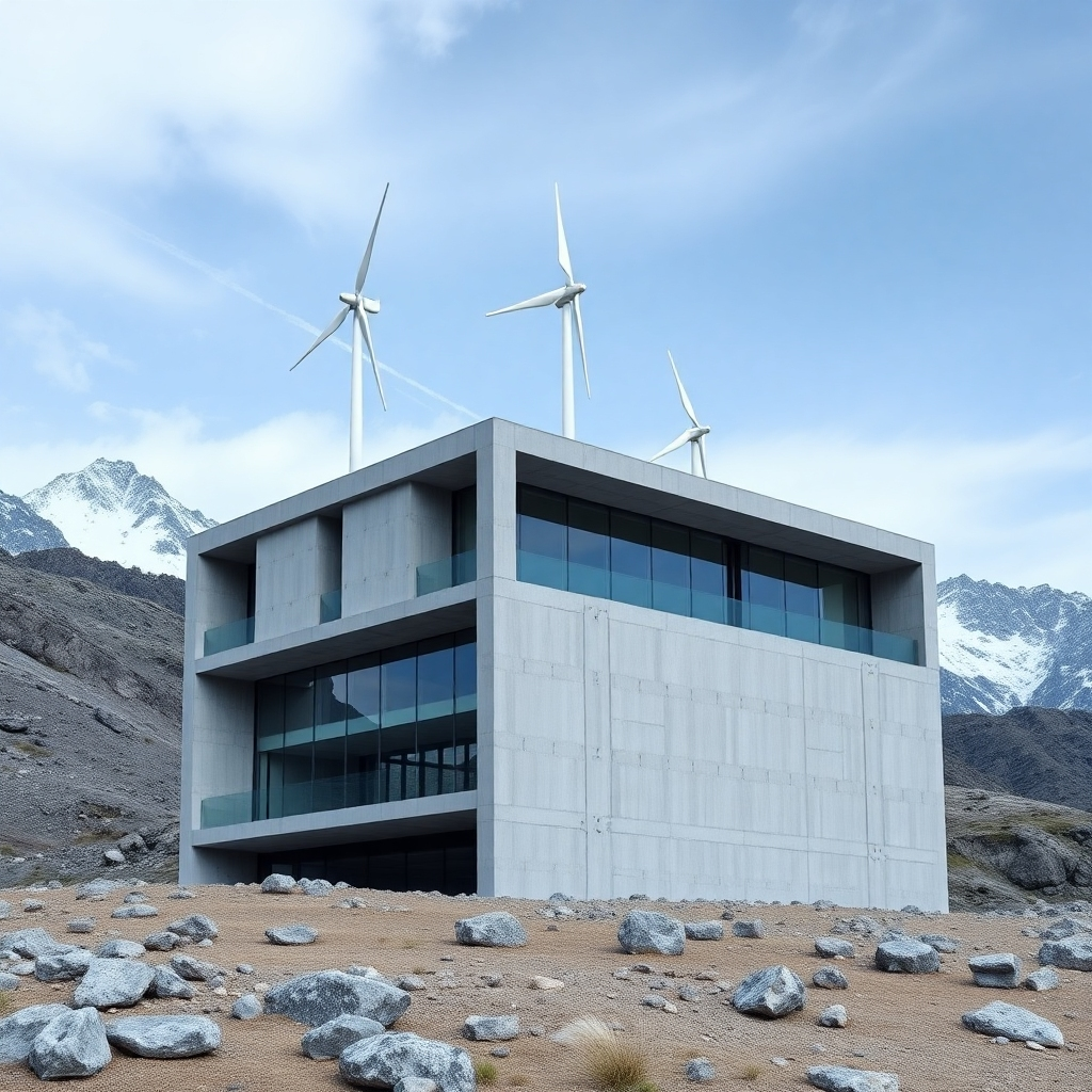 A modern building designed to withstand extreme weather conditions, with reinforced concrete and innovative structural design. Wind turbines are visible on the roof, generating clean energy. The surrounding landscape is rugged and mountainous, showcasing the building's resilience. Photorealistic, 4K resolution.