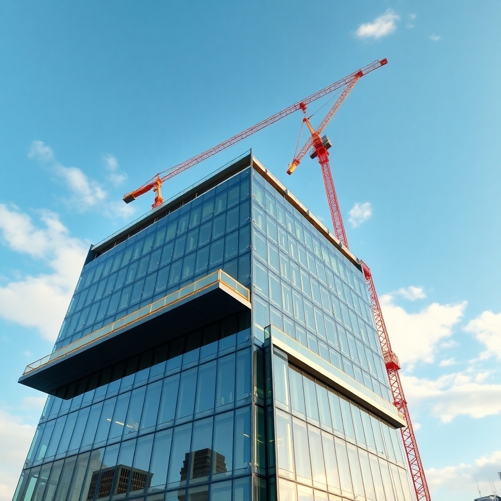 A modern office building under construction, with glass facades and steel beams reaching towards the sky. Cranes are visible in the background, lifting materials into place. The overall style is sleek and professional, showcasing the potential for a thriving business environment. Photorealistic, 4K resolution.