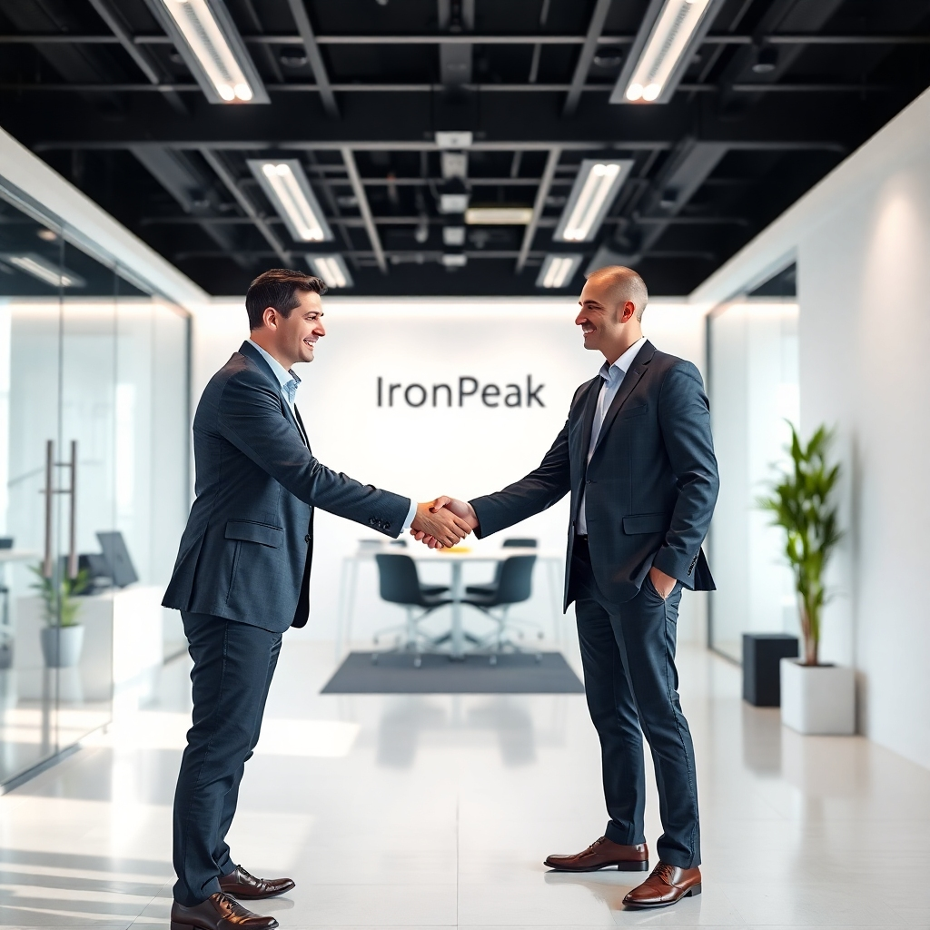 A modern office space, two executives shaking hands, signifying a successful partnership agreement. The office is clean and minimalist, with the IronPeak logo subtly displayed. The overall tone is professional and optimistic. 4K resolution, photorealistic.