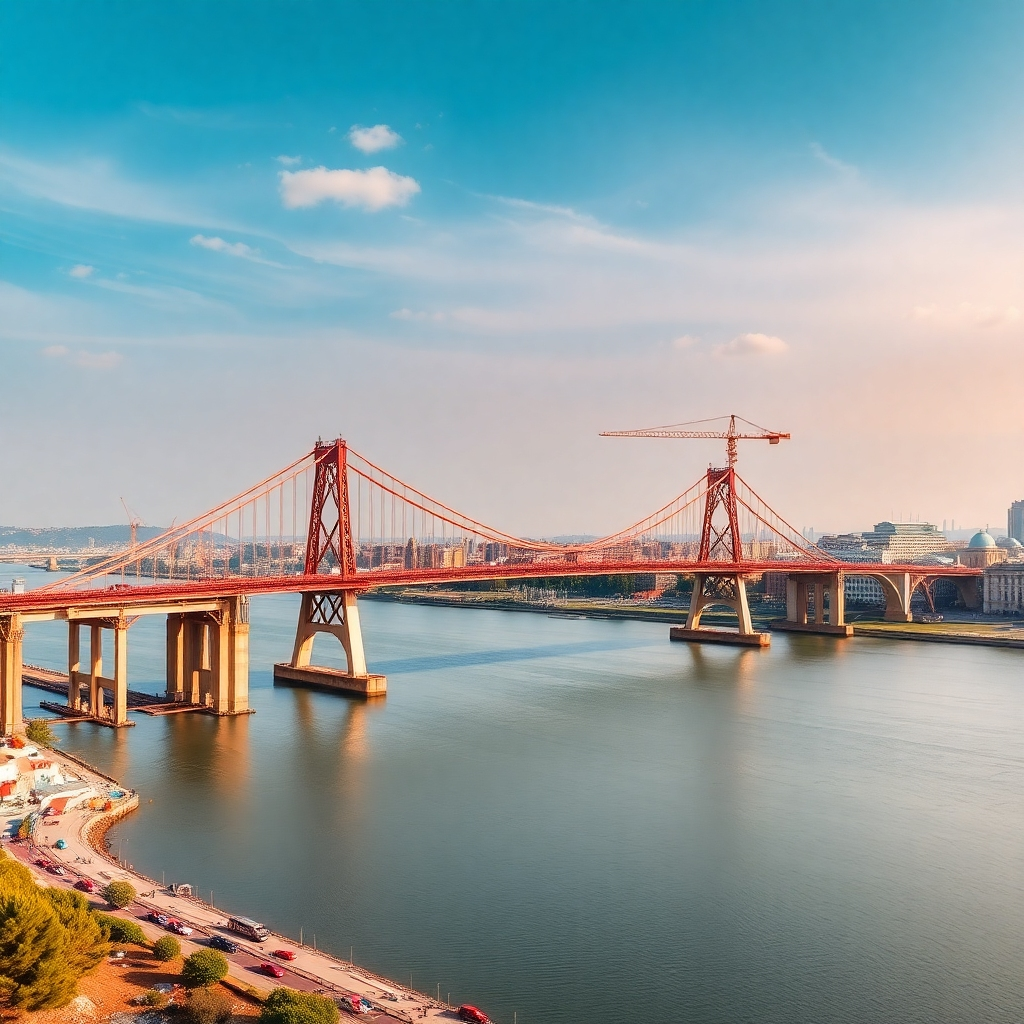 A time-lapse image of a bridge being constructed, showcasing the various stages of development from foundation to completion. The bridge spans a wide river, connecting two vibrant cities. The color palette is bright and optimistic, reflecting progress and connectivity. Photorealistic, 4K resolution.