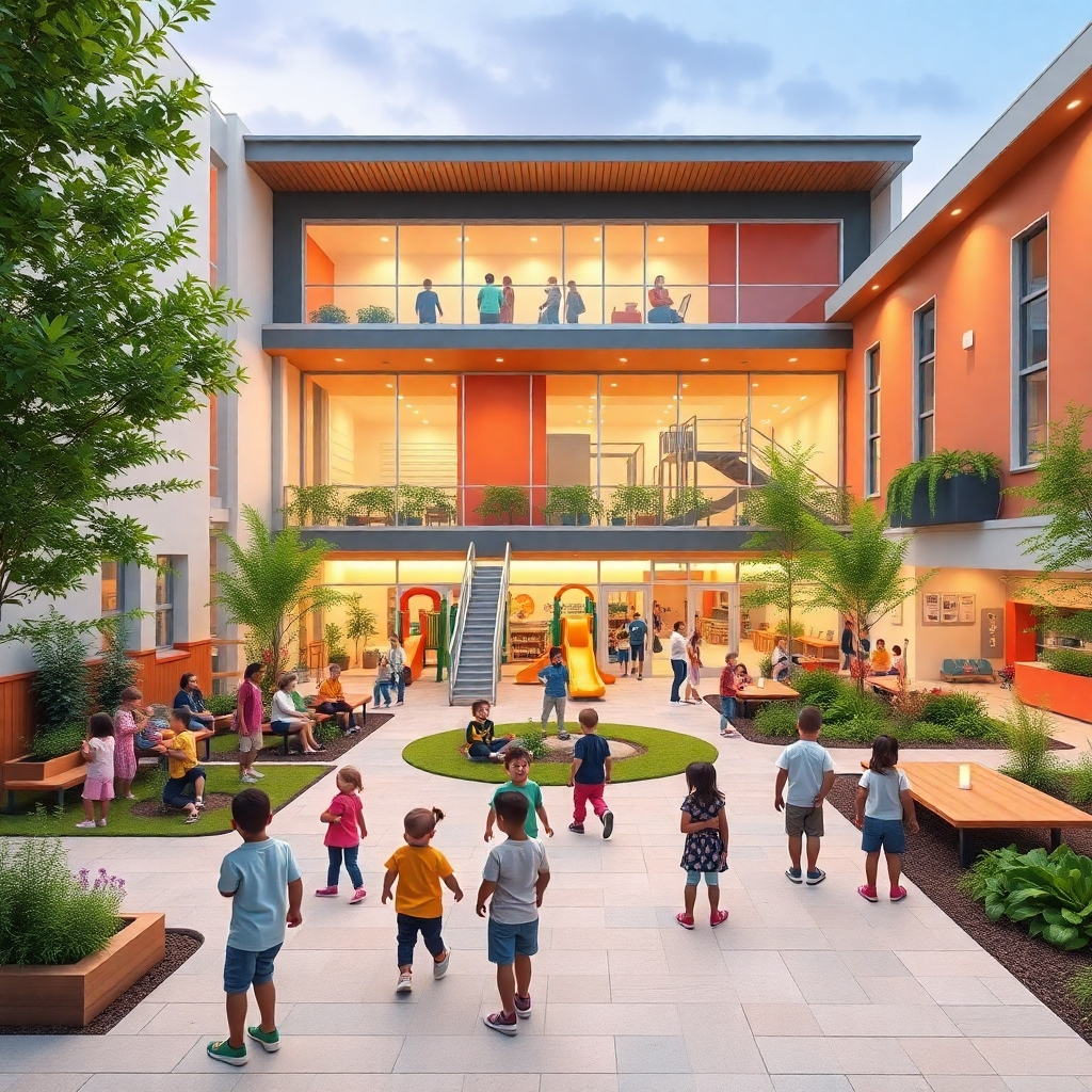 A vibrant community center with a playground, gardens, and gathering spaces. Children are playing and families are interacting, creating a sense of community. The building is modern and inviting, designed to foster social interaction. The color palette is warm and welcoming, reflecting the spirit of community. Photorealistic, 4K resolution.